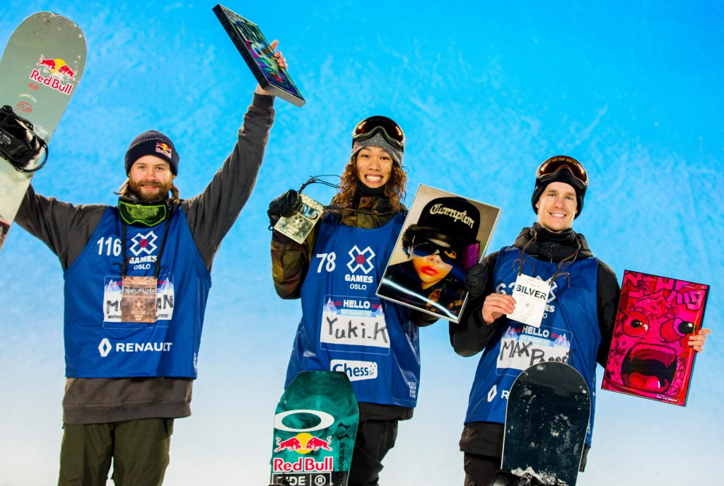 Japan's Yuki Kadono (centre) celebrates his snowboard big air victory alongside silver medallist Max Parrot (right) of Canada and bronze medallist Billy Morgan (left) of Great Britain ©Getty Images
